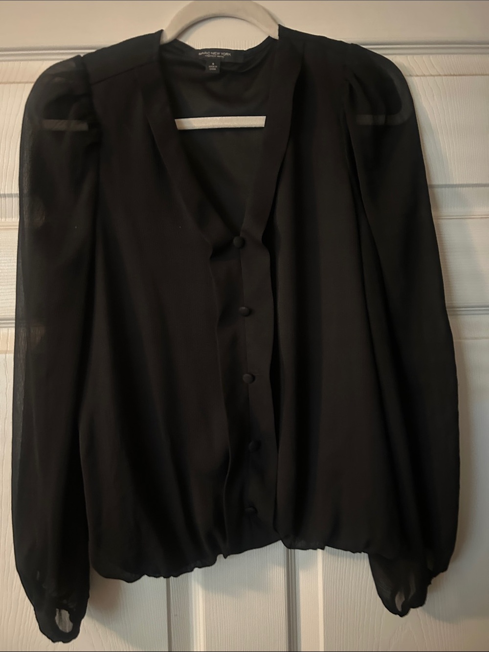 Andrew Marc Black Sheer V-Neck Button Blouse